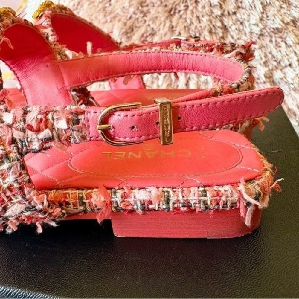 CHANEL Pink Tweed Sandals • Gold CC Logo • Size 37.5 EU • US Size Worn 1X w/ Box - Picture 9 of 15